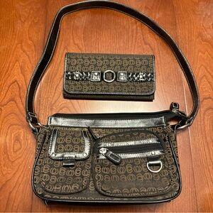 Brown/Black Patterned Vintage Shoulder Crossbody Bag with Matching Wallet